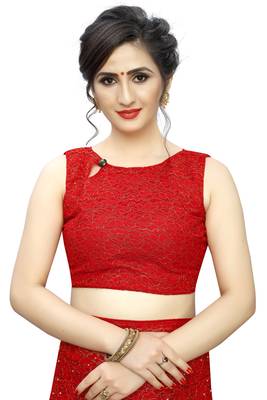 Red woven net saree with blouse 5