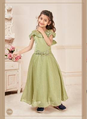 Green embroidered art silk kids-frocks 1