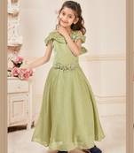 Green embroidered art silk kids-frocks