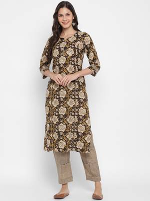 Printed & Embroidered Straight Cotton Brown Kurta & Pant 1