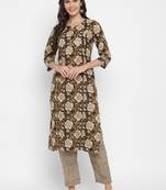 Printed & Embroidered Straight Cotton Brown Kurta & Pant