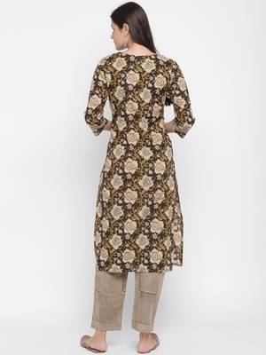 Printed & Embroidered Straight Cotton Brown Kurta & Pant 2