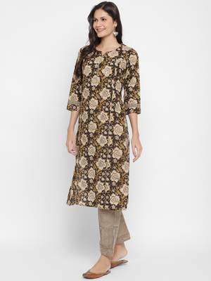 Printed & Embroidered Straight Cotton Brown Kurta & Pant 3
