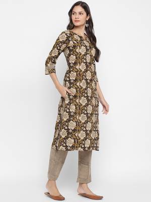 Printed & Embroidered Straight Cotton Brown Kurta & Pant 4