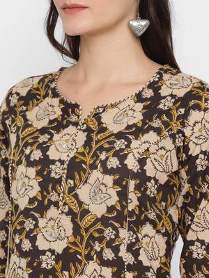 Printed & Embroidered Straight Cotton Brown Kurta & Pant 5