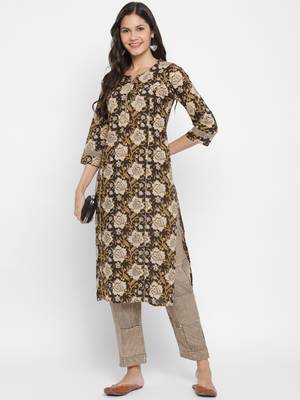 Printed & Embroidered Straight Cotton Brown Kurta & Pant 7