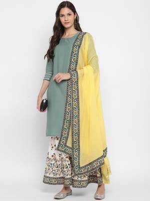Solid Sequence & Gotta Patti Straight Cotton Olive Green KurtaSharara & Dupatta 1