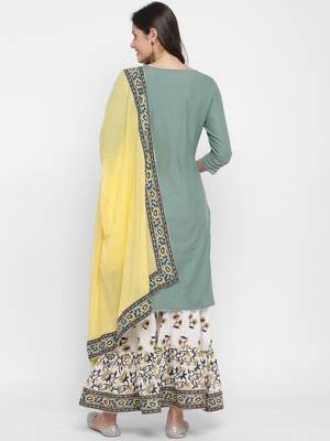 Solid Sequence & Gotta Patti Straight Cotton Olive Green KurtaSharara & Dupatta 2