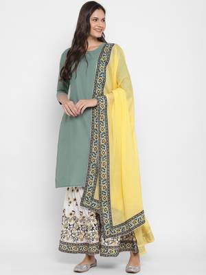 Solid Sequence & Gotta Patti Straight Cotton Olive Green KurtaSharara & Dupatta 3