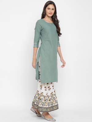 Solid Sequence & Gotta Patti Straight Cotton Olive Green KurtaSharara & Dupatta 4