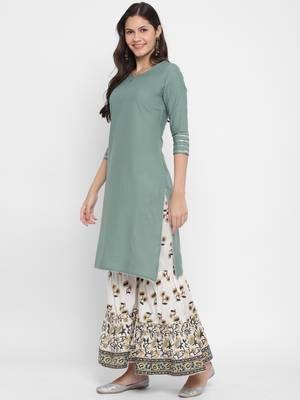 Solid Sequence & Gotta Patti Straight Cotton Olive Green KurtaSharara & Dupatta 5