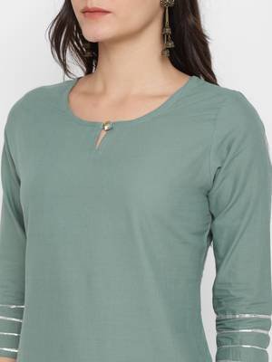 Solid Sequence & Gotta Patti Straight Cotton Olive Green KurtaSharara & Dupatta 6