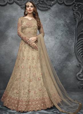 Cream Net Lehenga & Pant Style Suit 1