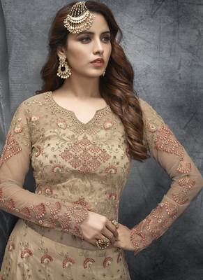 Cream Net Lehenga & Pant Style Suit 3