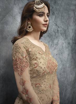 Cream Net Lehenga & Pant Style Suit 4