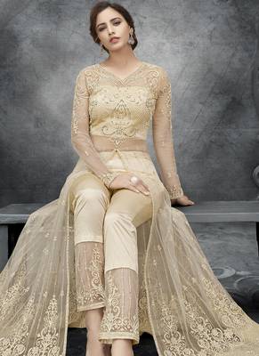 Off White Net Lehenga & Pant Style Suit 2