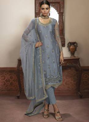 Grey Net Lehenga & Pant Style Suit 2