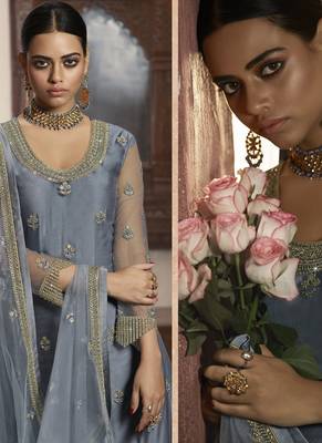 Grey Net Lehenga & Pant Style Suit 4