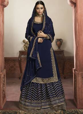 Dark Blue Silk Lehenga & Pant Style Suit 1