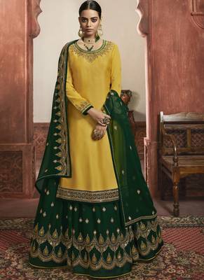 Yellow Satin & Georgette Lehenga & Pant Style Suit 1