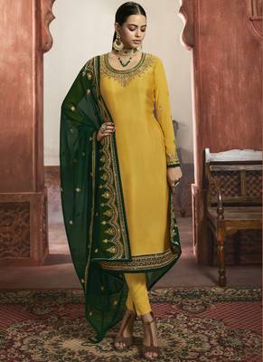 Yellow Satin & Georgette Lehenga & Pant Style Suit 2
