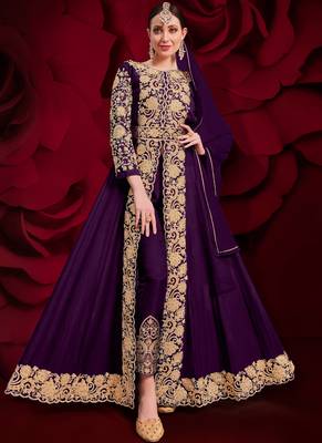 Purple Golden Embroidered Slit Style Anarkali Pant Suit 1