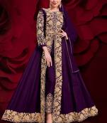 Purple Golden Embroidered Slit Style Anarkali Pant Suit