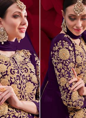 Purple Golden Embroidered Slit Style Anarkali Pant Suit 2