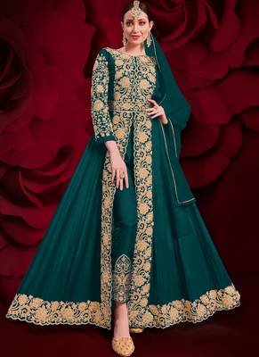 Turquoise Golden Embroidered Slit Style Anarkali Pant Suit 1