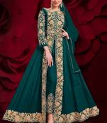 Turquoise Golden Embroidered Slit Style Anarkali Pant Suit