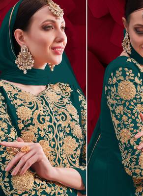 Turquoise Golden Embroidered Slit Style Anarkali Pant Suit 2