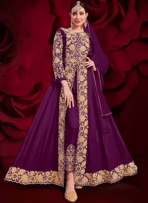 Purple Golden Embroidered Slit Style Anarkali Pant Suit 1