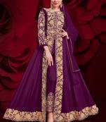 Purple Golden Embroidered Slit Style Anarkali Pant Suit