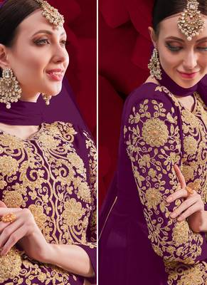 Purple Golden Embroidered Slit Style Anarkali Pant Suit 2