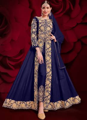 Blue Golden Embroidered Slit Style Anarkali Pant Suit 1
