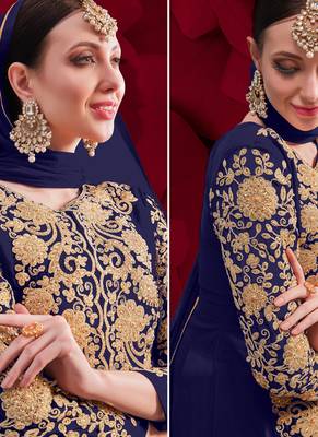 Blue Golden Embroidered Slit Style Anarkali Pant Suit 2