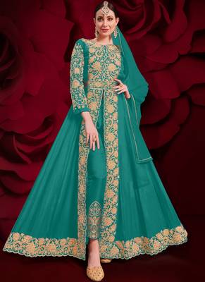 Sea Green Golden Embroidered Slit Style Anarkali Pant Suit 1