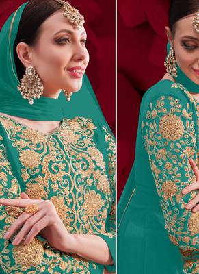 Sea Green Golden Embroidered Slit Style Anarkali Pant Suit 2