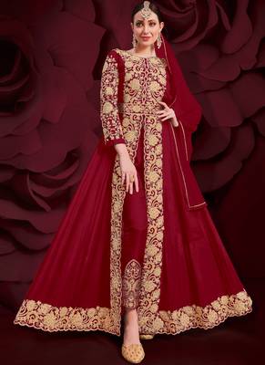 Red Golden Embroidered Slit Style Anarkali Pant Suit 1