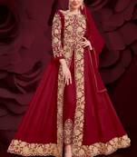 Red Golden Embroidered Slit Style Anarkali Pant Suit