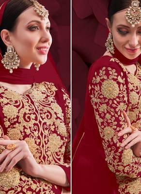 Red Golden Embroidered Slit Style Anarkali Pant Suit 2