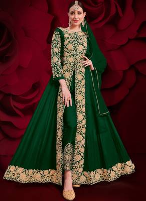 Dark Green Golden Embroidered Slit Style Anarkali Pant Suit 1