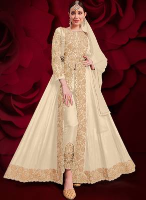 Beige Golden Embroidered Slit Style Anarkali Pant Suit 1