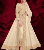 Beige Golden Embroidered Slit Style Anarkali Pant Suit