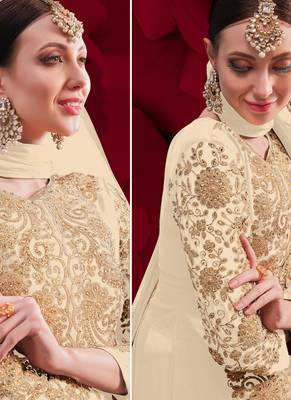 Beige Golden Embroidered Slit Style Anarkali Pant Suit 2