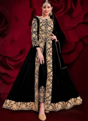 Black Golden Embroidered Slit Style Anarkali Pant Suit 1