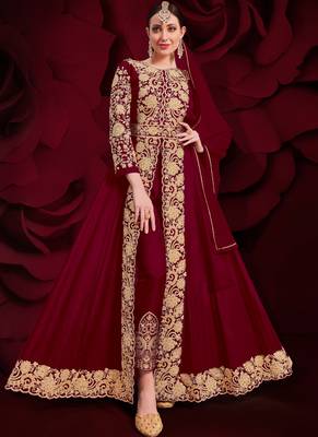 Maroon Golden Embroidered Slit Style Anarkali Pant Suit 1