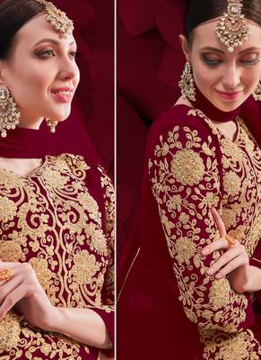 Maroon Golden Embroidered Slit Style Anarkali Pant Suit 2
