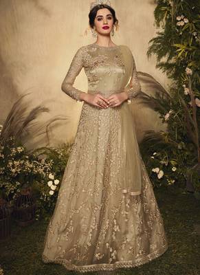 Beige Golden Embroidered Wedding Anarkali Suit 1