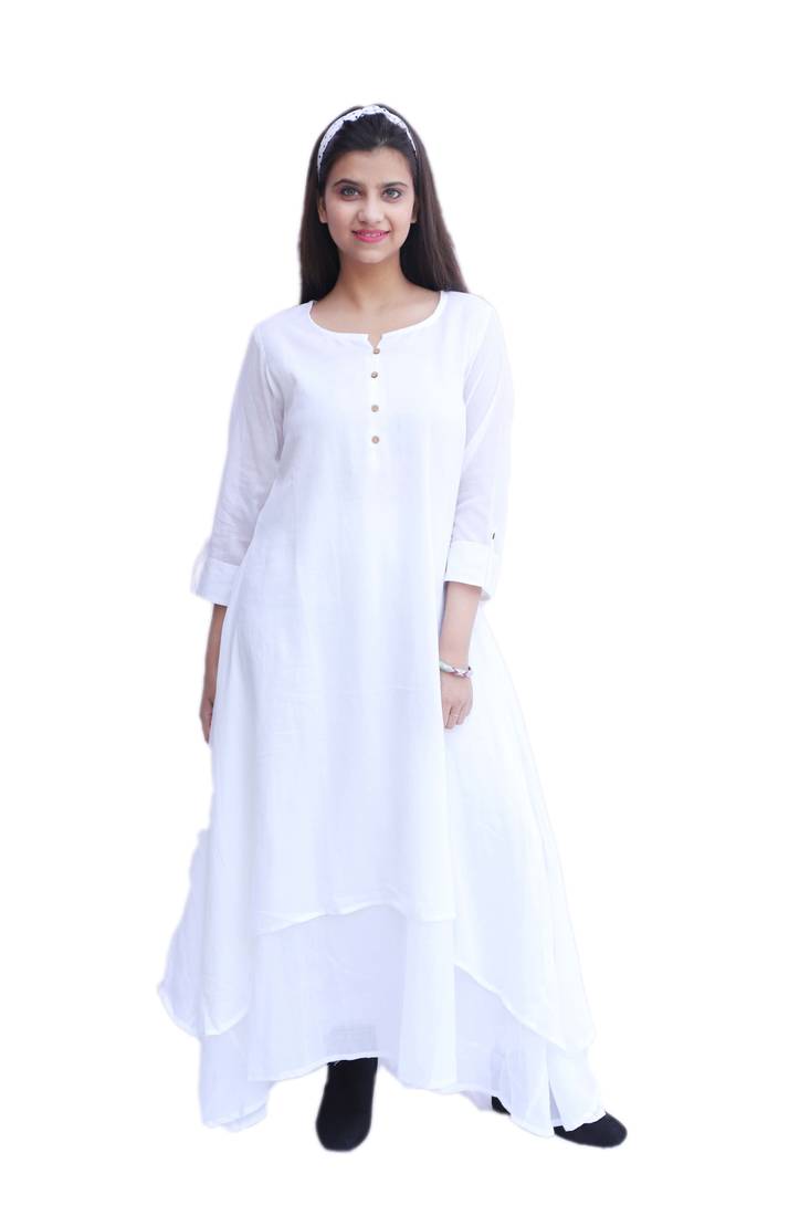 Women's Mulmul Cotton Long Dress (White) - Nakh - 3493888